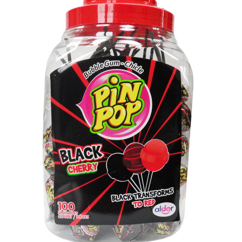 PIN POP BLACK CHERRY • LIZAKI O SMAKU WIŚNI WYPEŁNIONE GUMĄ BALONOWĄ - 100 SZTUK